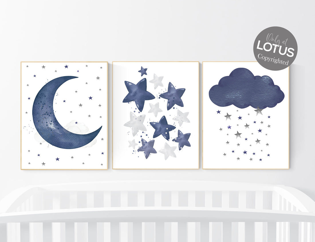 Navy nursery decor, cloud and stars, moon and stars, navy blue nursery art. baby room wall art