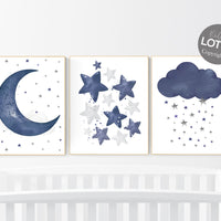 Navy nursery decor, cloud and stars, moon and stars, navy blue nursery art. baby room wall art