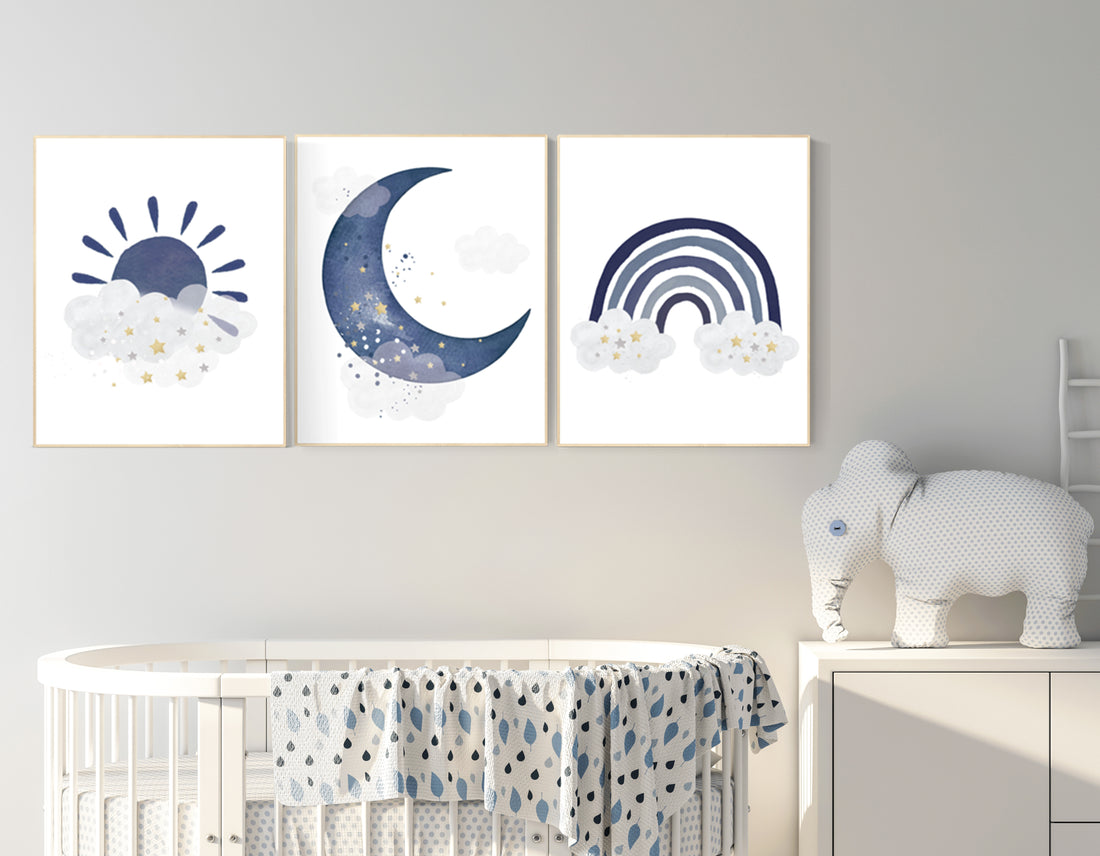 Navy nursery decor, cloud and stars, rainbow nursery, moon and stars, navy blue, gold nursery art