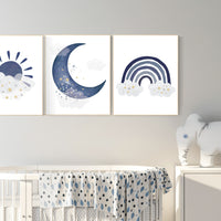 Navy nursery decor, cloud and stars, rainbow nursery, moon and stars, navy blue, gold nursery art