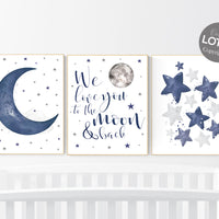 Nursery decor boy navy blue, Nursery wall art boy, we love you to the moon and back