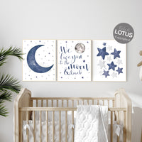 Nursery decor boy navy blue, Nursery wall art boy, we love you to the moon and back