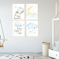 Nursery decor elephant, gender neutral dream big little one, moon and cloud nursery decor