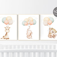 Gender neutral nursery, sage green, Nursery wall art animals, neutral colors, animal prints