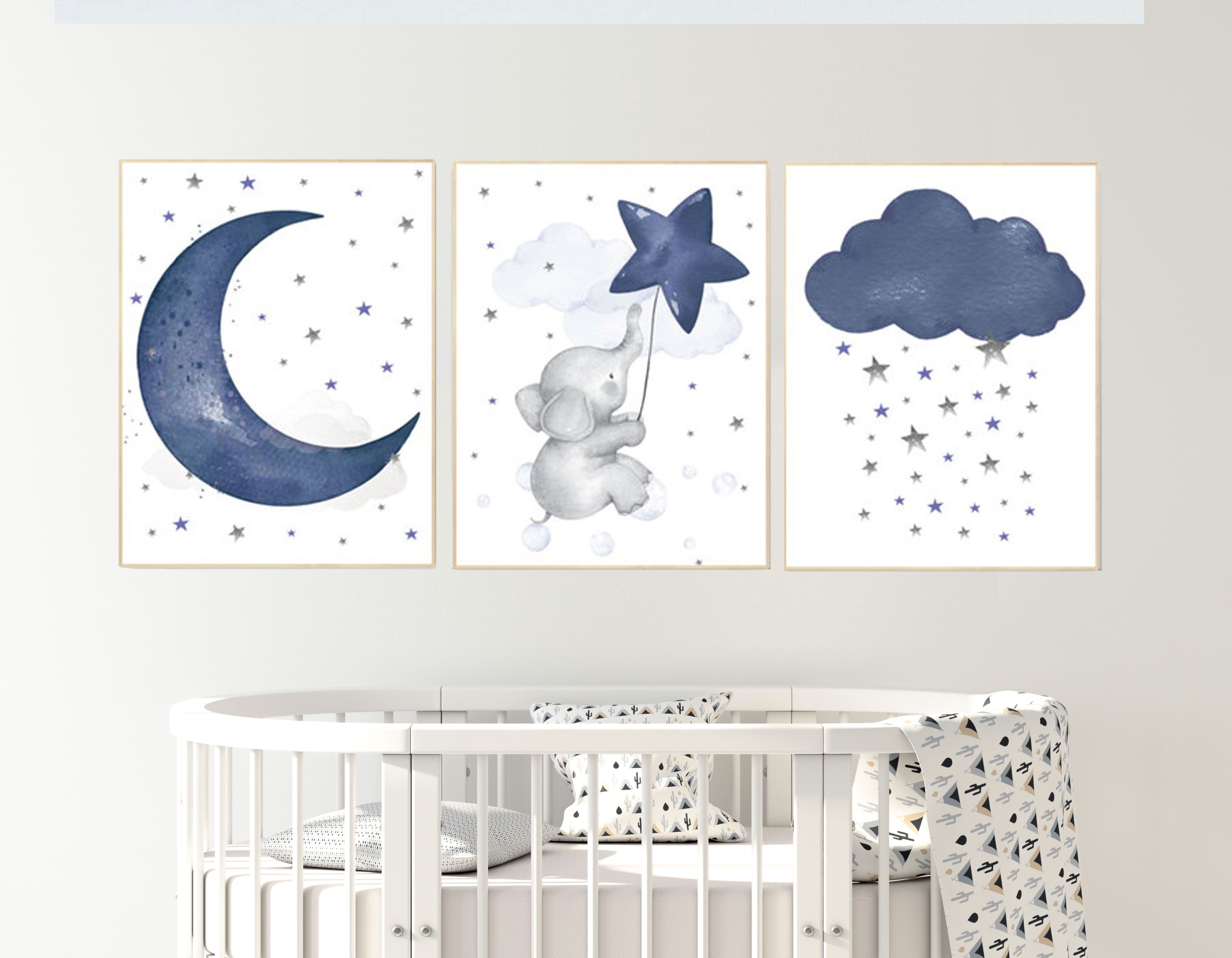 Nursery decor elephant, navy nursery decor, cloud and stars, moon and ...