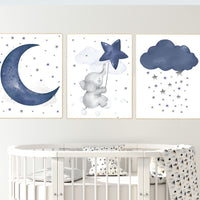 Nursery decor elephant, navy nursery decor, cloud and stars, moon and stars, navy blue nursery art. baby room wall art, elephant nursery