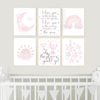 Nursery prints girl, pink grey, rainbow, moon and star, cloud, sun, baby room decor, girl nursery