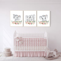 Nursery decor girl boho, elephant nursery wall art, nursery decor girl floral, nursery decor girl