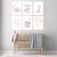 Nursery decor girl animals, pink grey nursery decor, elephant, bear, giraffe, girl nursery ideas, girl nursery room, stars, cloud, moon