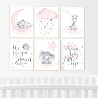 Nursery decor girl elephant, giraffe, bear, pink grey nursery, pink gray, cloud, moon, stars