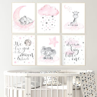 Nursery decor girl elephant, giraffe, bear, pink grey nursery, pink gray, cloud, moon, stars