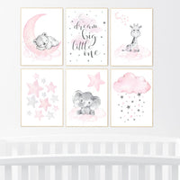 Nursery decor girl animals, pink grey nursery decor, elephant, bear, giraffe, girl nursery ideas, girl nursery room, stars, cloud, moon