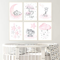 Nursery decor girl animals, pink grey nursery decor, elephant, bear, giraffe, girl nursery ideas, girl nursery room, stars, cloud, moon