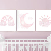Nursery prints rainbow, Nursery decor girl, nursery wall art, pink nursery, moon, cloud, sun
