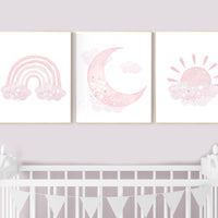 Nursery prints rainbow, Nursery decor girl, nursery wall art, pink nursery, moon, cloud, sun