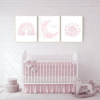 Nursery prints rainbow, Nursery decor girl, nursery wall art, pink nursery, moon, cloud, sun