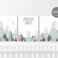 Nursery decor girl mountain, adventure nursery, adventure theme nursery, woodland