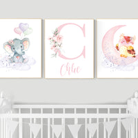 Nursery decor girl animals, nursery decor animals, Nursery wall art girl elephant, owl, pink, purple