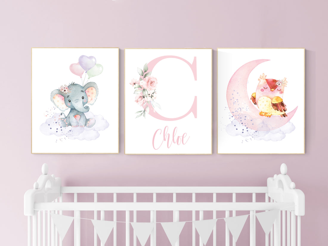 Nursery decor girl animals, nursery decor animals, Nursery wall art girl elephant, owl, pink, purple