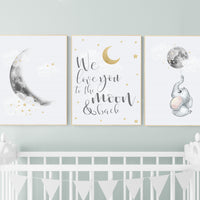 Nursery wall art grey, gray gold nursery, moon nursery, elephant, gender neutral nursery decor, moon