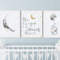Nursery wall art grey, gray gold nursery, moon nursery, elephant, gender neutral nursery decor, moon
