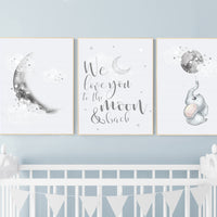 Nursery wall art grey, gray nursery, moon nursery, elephant, gender neutral nursery decor, baby room