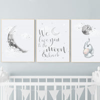 Nursery wall art grey, gray nursery, moon nursery, elephant, gender neutral nursery decor, baby room