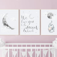 Nursery wall art grey, gray nursery, moon nursery, elephant, gender neutral nursery decor, baby room