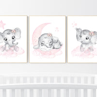 Nursery wall art girl elephant, pink and gray, nursery decor girl pink, moon, stars
