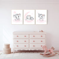 Nursery wall art girl elephant, pink and gray, nursery decor girl pink, moon, stars