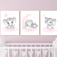 Nursery wall art girl elephant, pink and gray, nursery decor girl pink, moon, stars