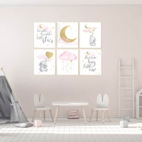 Pink gold nursery decor, Moon cloud star nursery, elephant, nursery set of 6, nursery ideas for girl