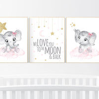 Pink gold nursery prints, girl nursery, Nursery wall art girl, pink elephant, girl nursery ideas