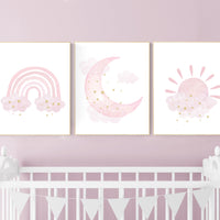 Nursery prints rainbow, Nursery decor girl, nursery wall art, pink gold nursery, moon, cloud, sun