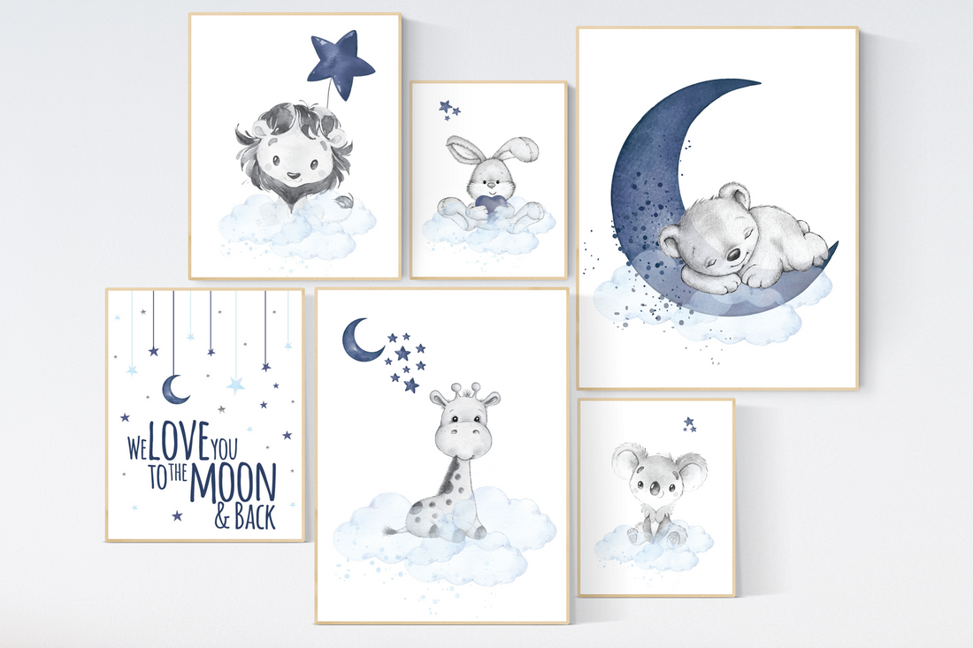 Nursery decor boy animals, giraffe, lion, bear, koala, bunny, boy nursery decor, moon and stars