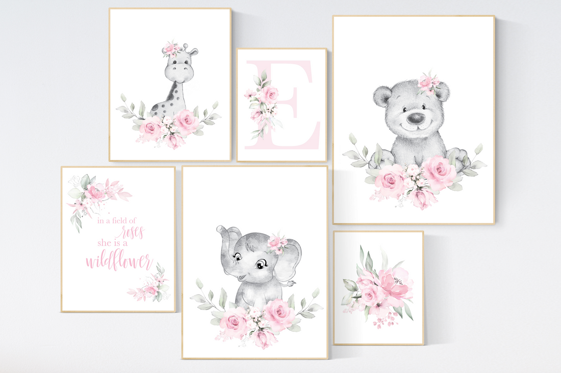 Nursery decor boho, nursery decor girl floral, elephant, giraffe, bear, pink nursery, girl nursery