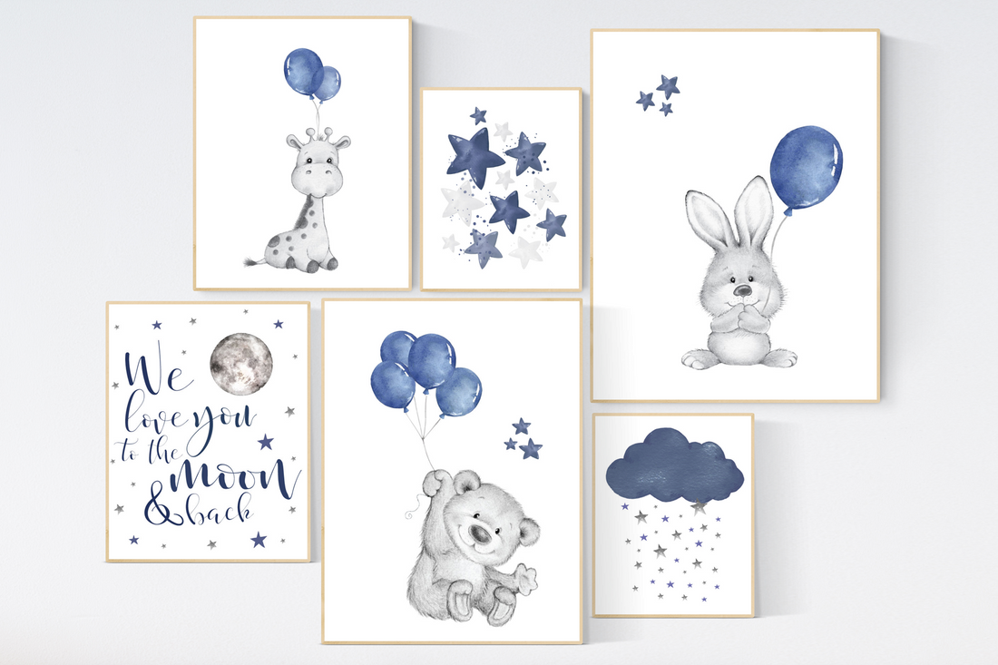 Nursery decor boy animals, navy nursery, bunny, bear, giraffe, nursery wall art boy, navy blue