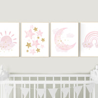 Pink gold nursery, Nursery wall art girl, rainbow, moon and star, cloud, sun, girl nursery ideas