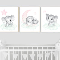 Nursery decor girl pink mint, Nursery wall art girl elephant, pink and mint, moon, stars, nursery