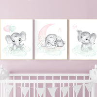 Pink and mint nursery, elephant nursery, Nursery decor girl pink mint, Nursery wall art girl