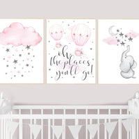 Nursery decor girl elephant, pink grey nursery, pink gray, hot air balloon, cloud, moon and stars