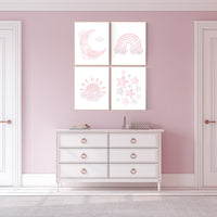 Nursery prints girl, pink grey, rainbow, moon and star, cloud, sun, baby room decor, girl nursery