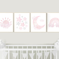 Nursery prints girl, pink grey, rainbow, moon and star, cloud, sun, baby room decor, girl nursery