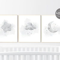 Nursery prints grey, gray gold nursery, baby room decor gender neutral, moon and stars