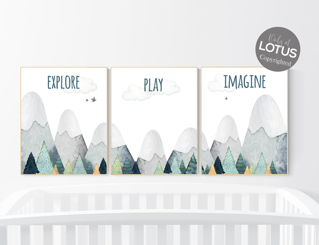 Nursery decor boy mountain, adventure nursery, woodland nursery, explore, play, imagine,