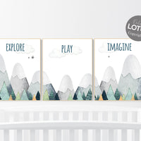 Nursery decor boy mountain, adventure nursery, woodland nursery, explore, play, imagine,