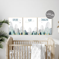 Nursery decor boy mountain, adventure nursery, woodland nursery, explore, play, imagine,