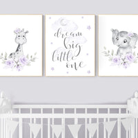 Nursery decor girl boho, Purple nursery, giraffe, elephant, Floral jungle animals, lavender, flower