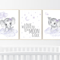 Nursery prints girl, Nursery decor girl purple, nursery decor elephant girl, moon and stars, lavender, girl nursery ideas, lilac nursery