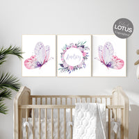 Purple pink nursery, nursery decor girl name, butterfly nursery wall art, purple and pink